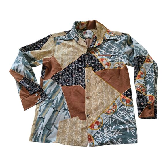 Vintage Sidan Hawaii Shirt SZ M Floral Patchwork Ponte Collar Button Up - Picture 1 of 6